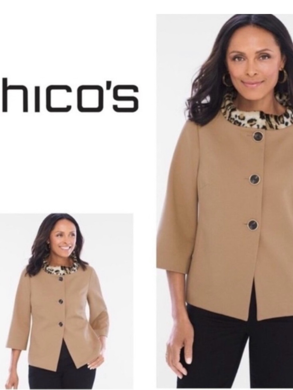 Chico's Camel Coat with Leopard-Trim Collar size 3 Petite XL